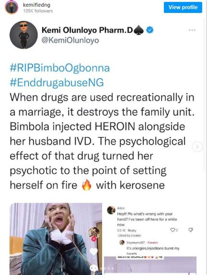 
“Late IVD’s wife was a HEROIN user, Her family KNEW it and mostly covered her marital problems with domesticviolence” Kemi Olunloyo blows hot 